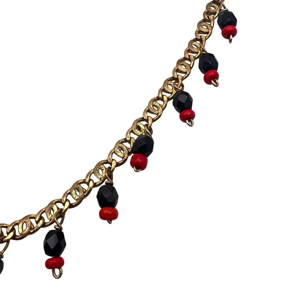 Vintage 1/20 14K Gold-Filled Anklet Bracelet Black Red Bead Charms Dangle 9.5" - Picture 4 of 9